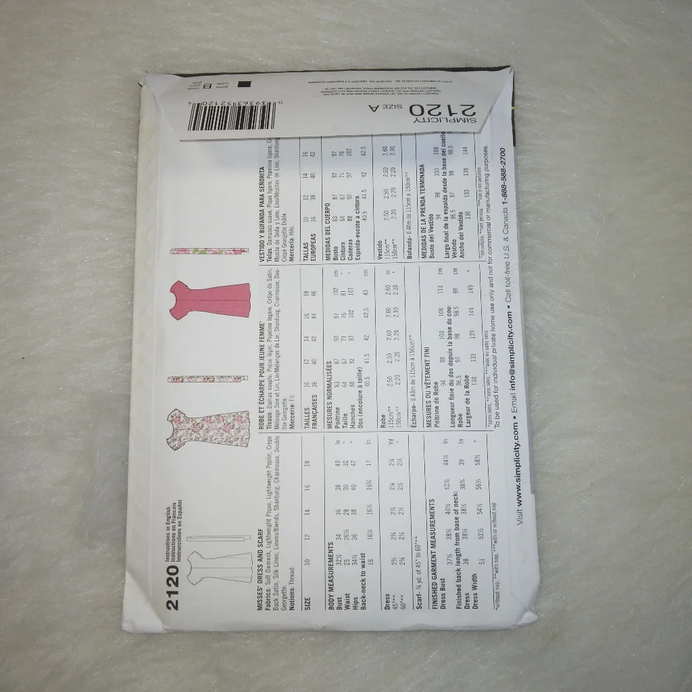 SIMPLICITY 2120 Sz 10-18 Misses dress abd scarf, and EASY Pattern